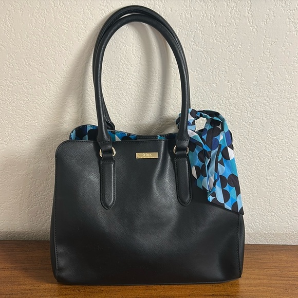 TRINA TURK BLACK VEGAN SHOULDER BAG BLUE BLACK DOT INTERIOR WITH BAG SCARF - Picture 15 of 16